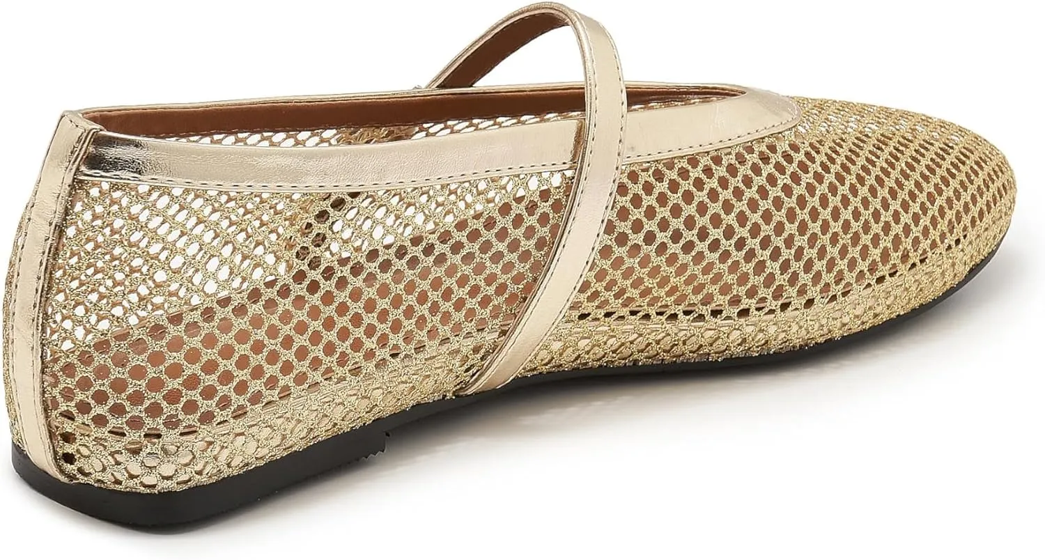 Mesh Ballet Flats for Women Buckle Strap Comfy Casual Office Mary Jane Flat Fishnet Ballerina Flat Shoes