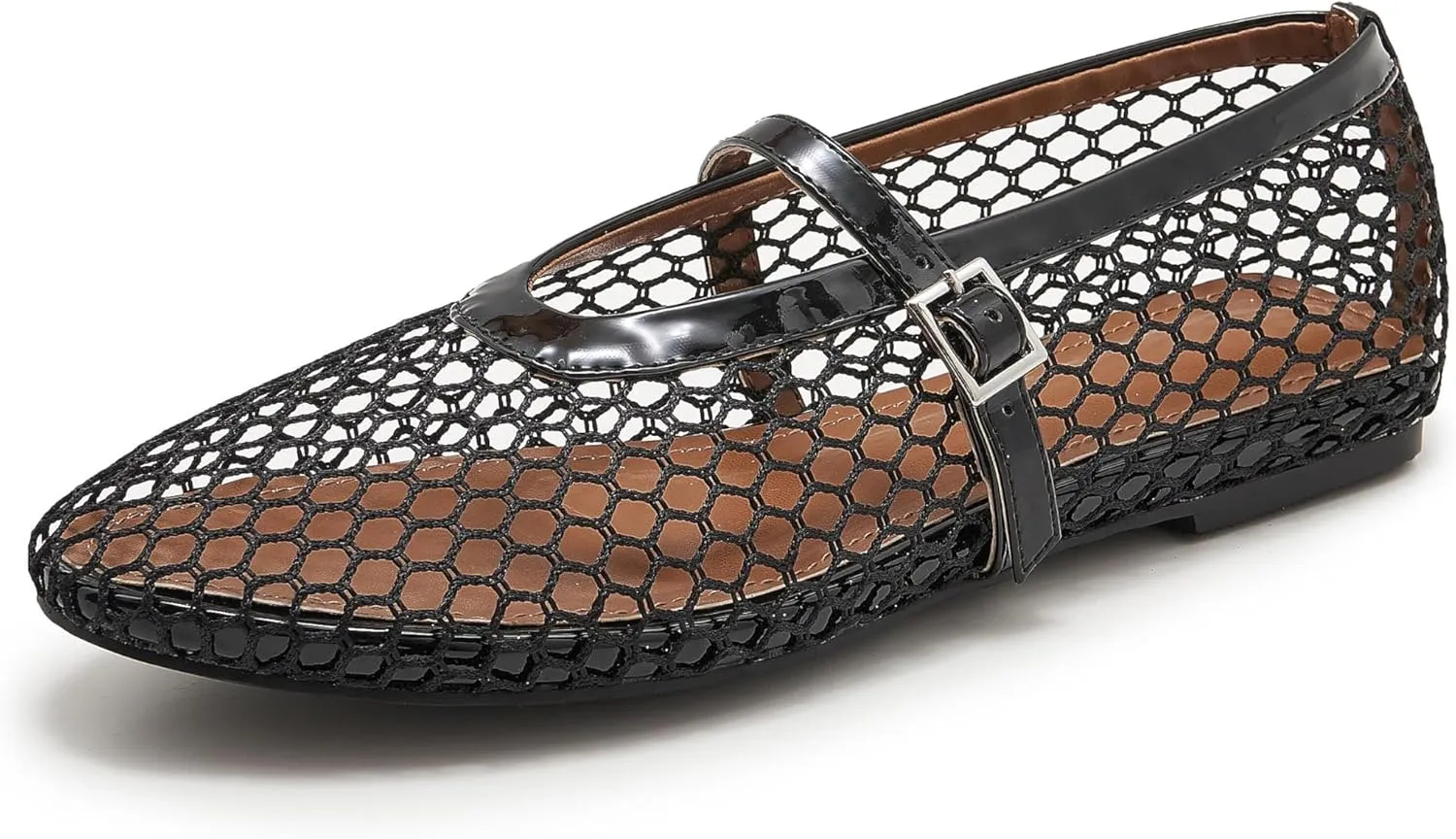 Mesh Ballet Flats for Women Buckle Strap Comfy Casual Office Mary Jane Flat Fishnet Ballerina Flat Shoes