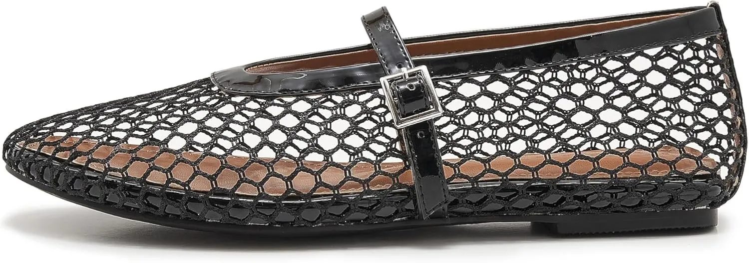 Mesh Ballet Flats for Women Buckle Strap Comfy Casual Office Mary Jane Flat Fishnet Ballerina Flat Shoes