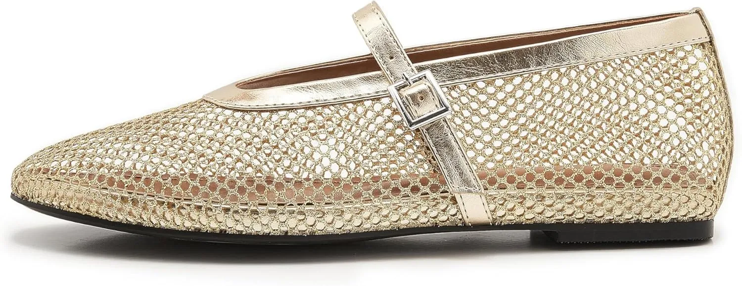 Mesh Ballet Flats for Women Buckle Strap Comfy Casual Office Mary Jane Flat Fishnet Ballerina Flat Shoes
