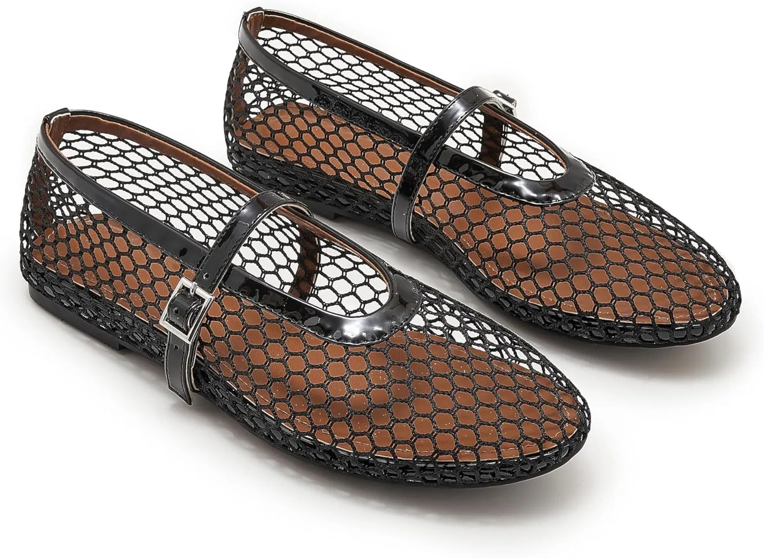 Mesh Ballet Flats for Women Buckle Strap Comfy Casual Office Mary Jane Flat Fishnet Ballerina Flat Shoes