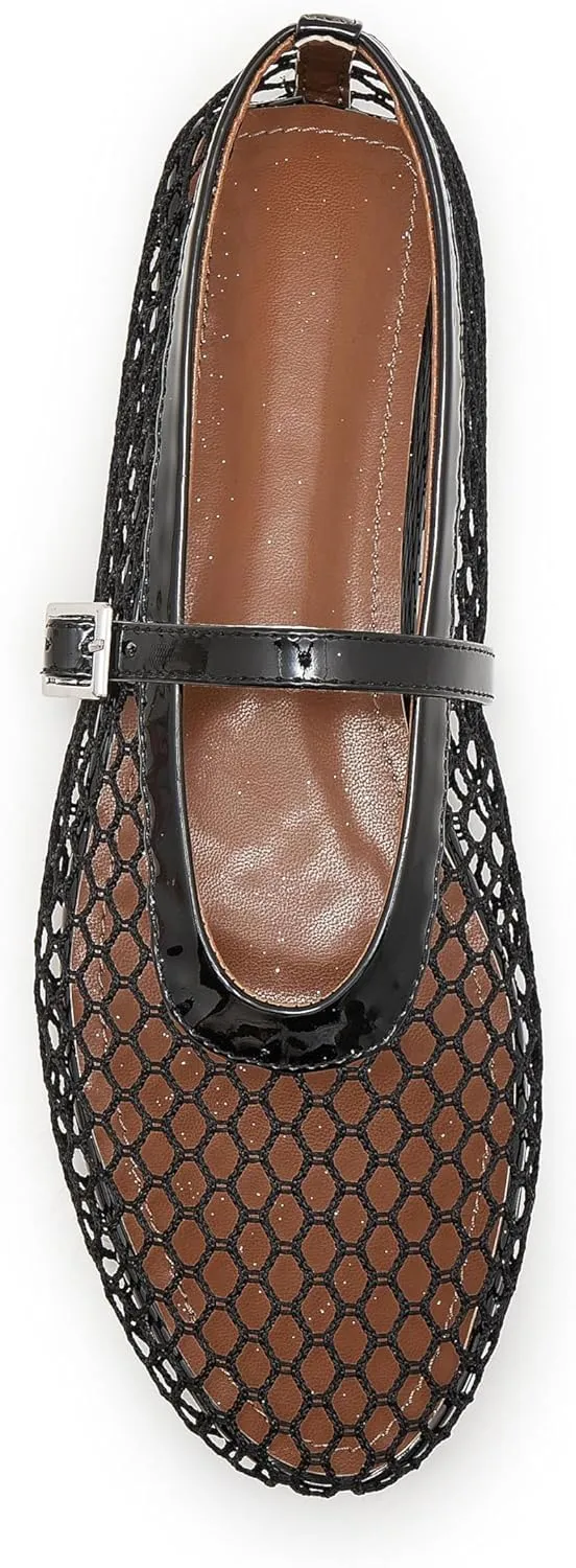 Mesh Ballet Flats for Women Buckle Strap Comfy Casual Office Mary Jane Flat Fishnet Ballerina Flat Shoes