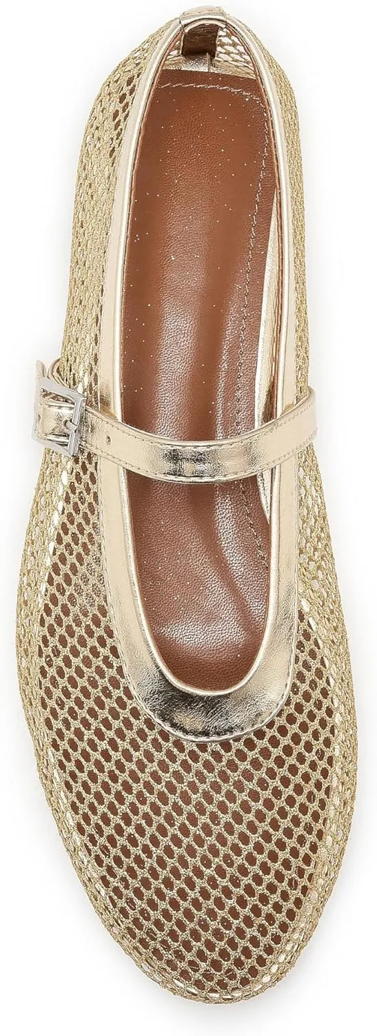 Mesh Ballet Flats for Women Buckle Strap Comfy Casual Office Mary Jane Flat Fishnet Ballerina Flat Shoes