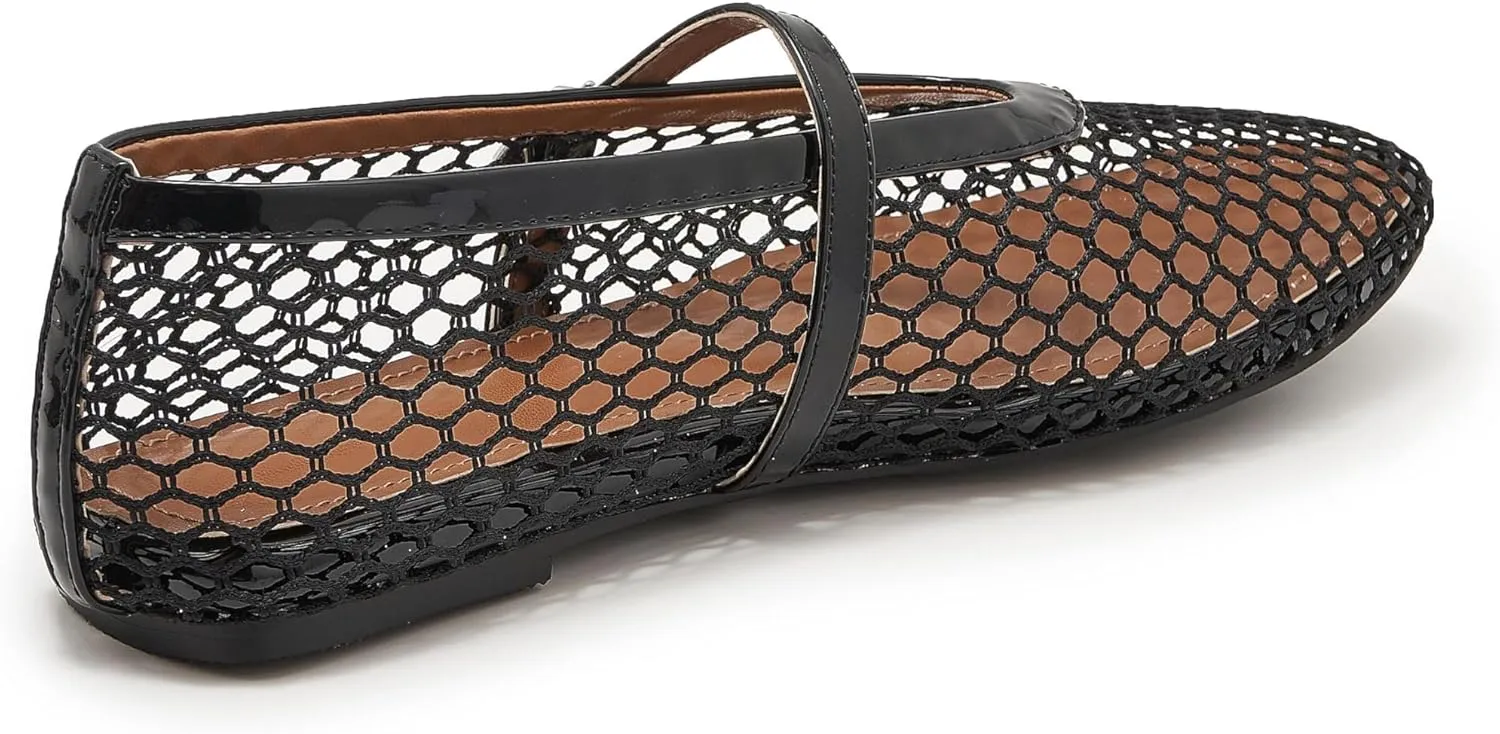 Mesh Ballet Flats for Women Buckle Strap Comfy Casual Office Mary Jane Flat Fishnet Ballerina Flat Shoes