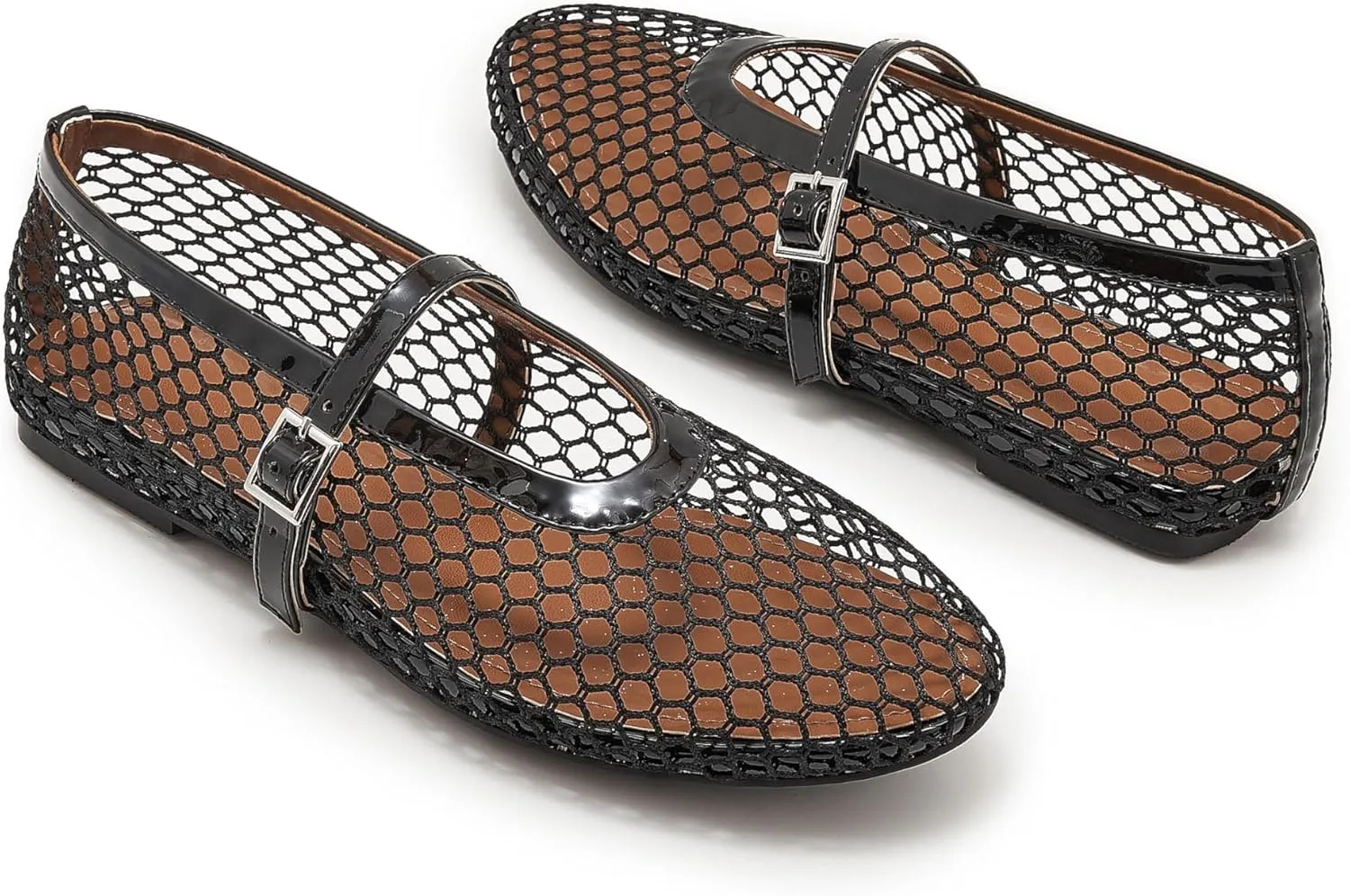 Mesh Ballet Flats for Women Buckle Strap Comfy Casual Office Mary Jane Flat Fishnet Ballerina Flat Shoes