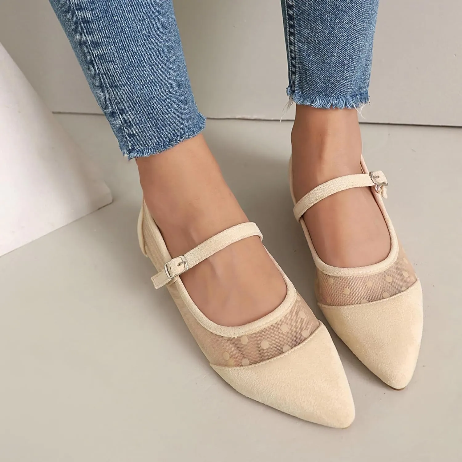 Mesh Ballet Flats for Women Point Toe Splicing Dot Tulle Ballerina Shoes with Adjustable Ankle Strap Comfortable Casual Work Dress Office Womens Flats Shoes