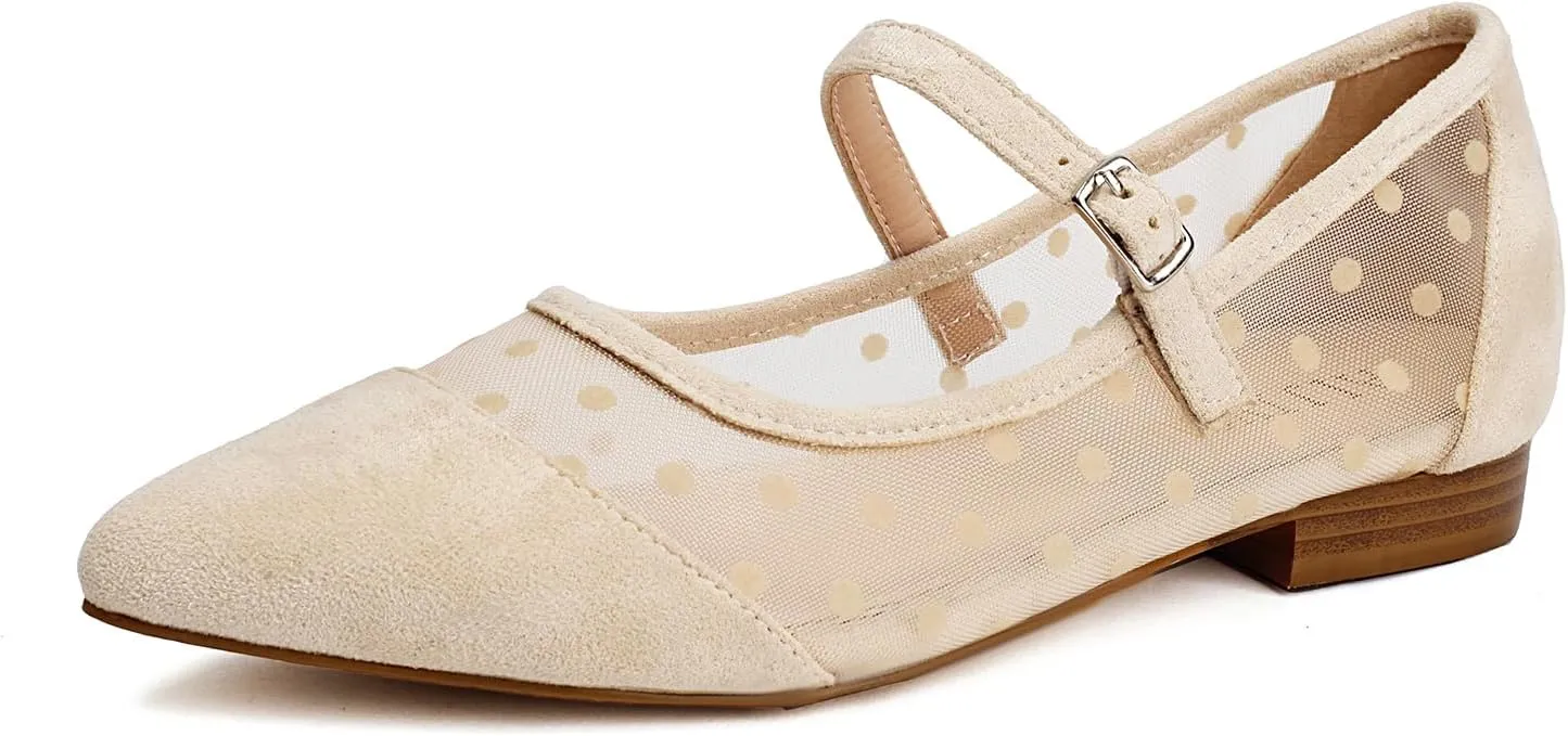 Mesh Ballet Flats for Women Point Toe Splicing Dot Tulle Ballerina Shoes with Adjustable Ankle Strap Comfortable Casual Work Dress Office Womens Flats Shoes