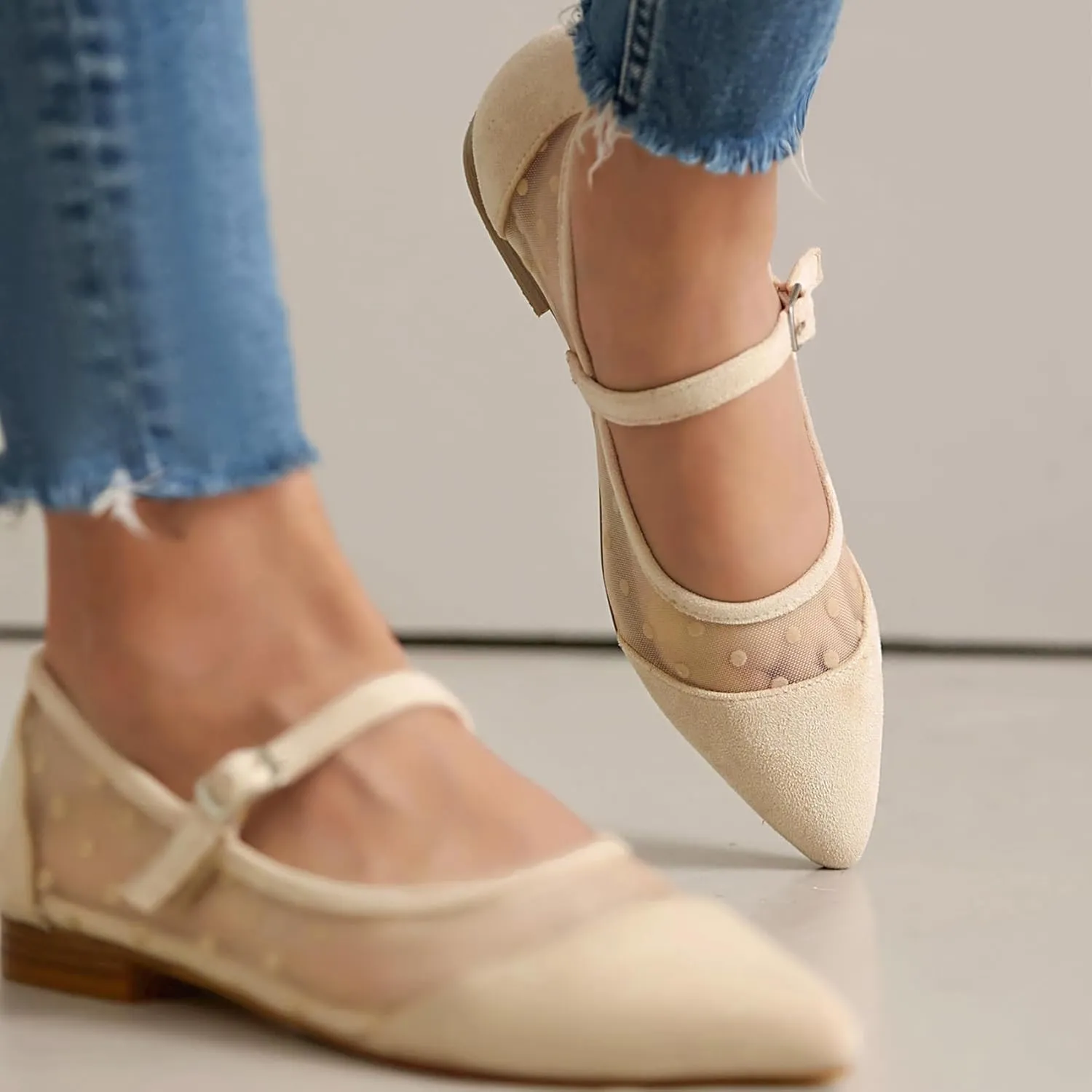 Mesh Ballet Flats for Women Point Toe Splicing Dot Tulle Ballerina Shoes with Adjustable Ankle Strap Comfortable Casual Work Dress Office Womens Flats Shoes
