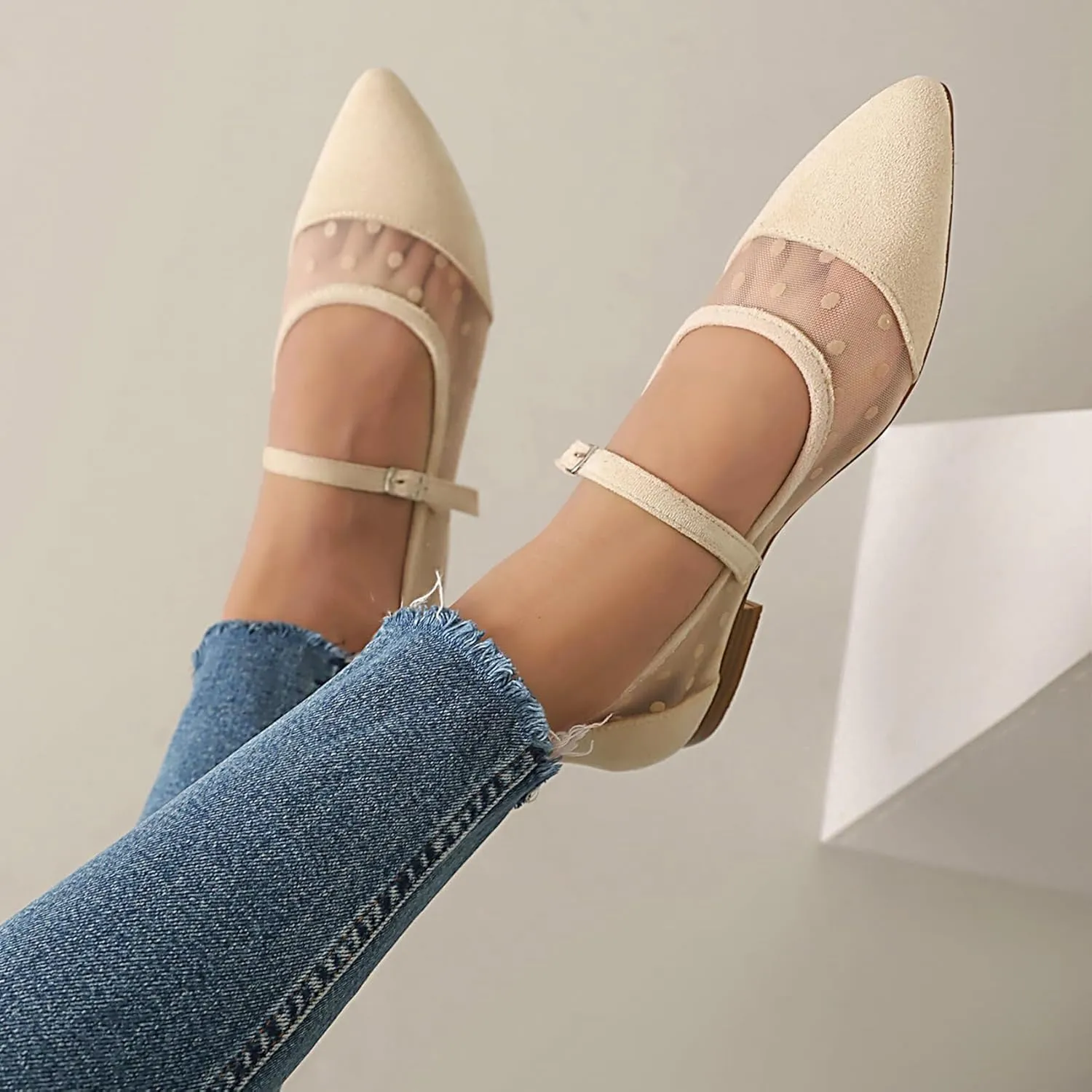 Mesh Ballet Flats for Women Point Toe Splicing Dot Tulle Ballerina Shoes with Adjustable Ankle Strap Comfortable Casual Work Dress Office Womens Flats Shoes
