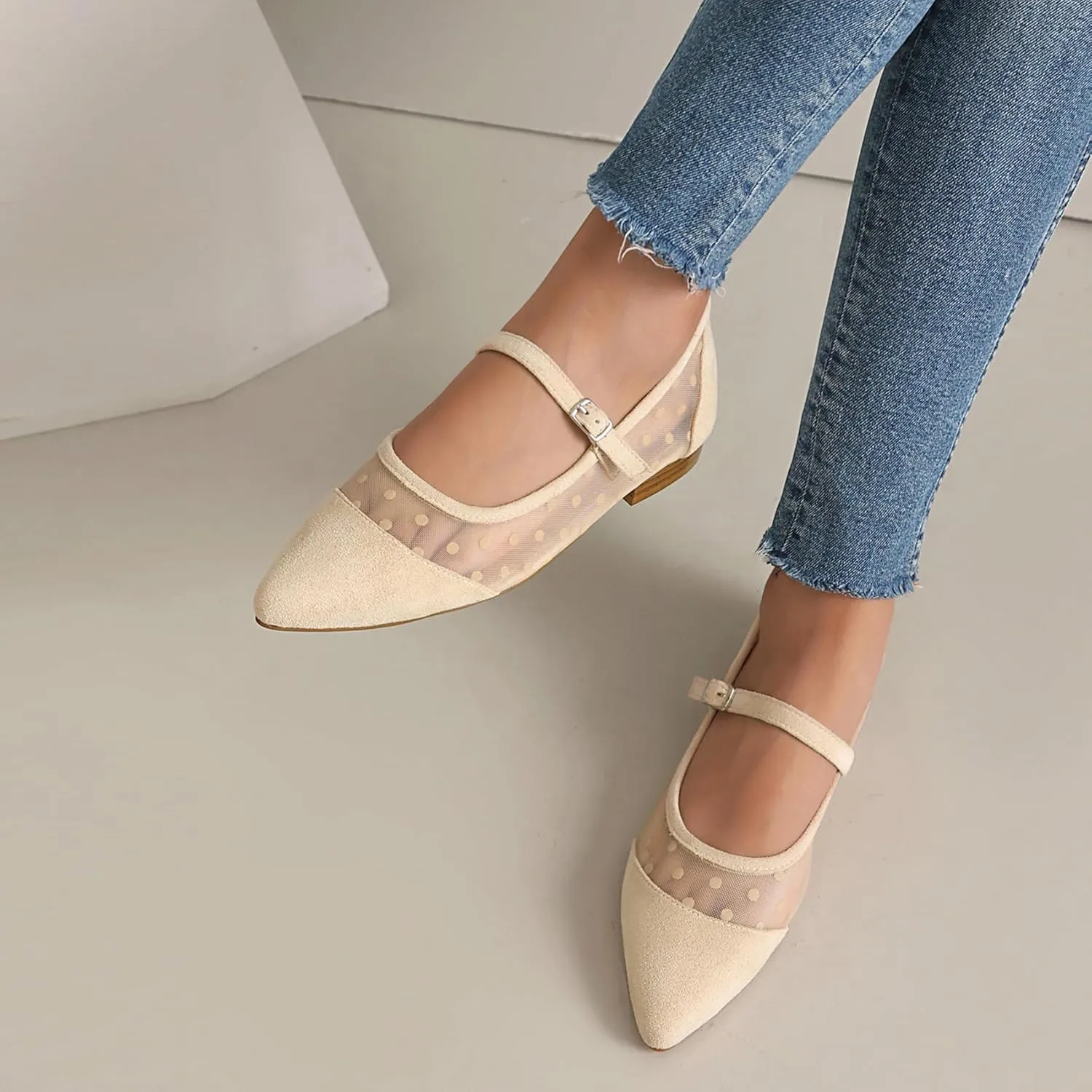 Mesh Ballet Flats for Women Point Toe Splicing Dot Tulle Ballerina Shoes with Adjustable Ankle Strap Comfortable Casual Work Dress Office Womens Flats Shoes