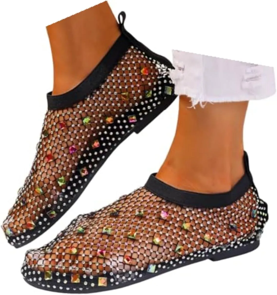 Mesh Flats for Women Comfortable Fishnet Summer Flats Slides Sandals Rhinestone Sandals for Women Dressy Boho Shoes Stiletto High Heel Casual Shoes Breathable
