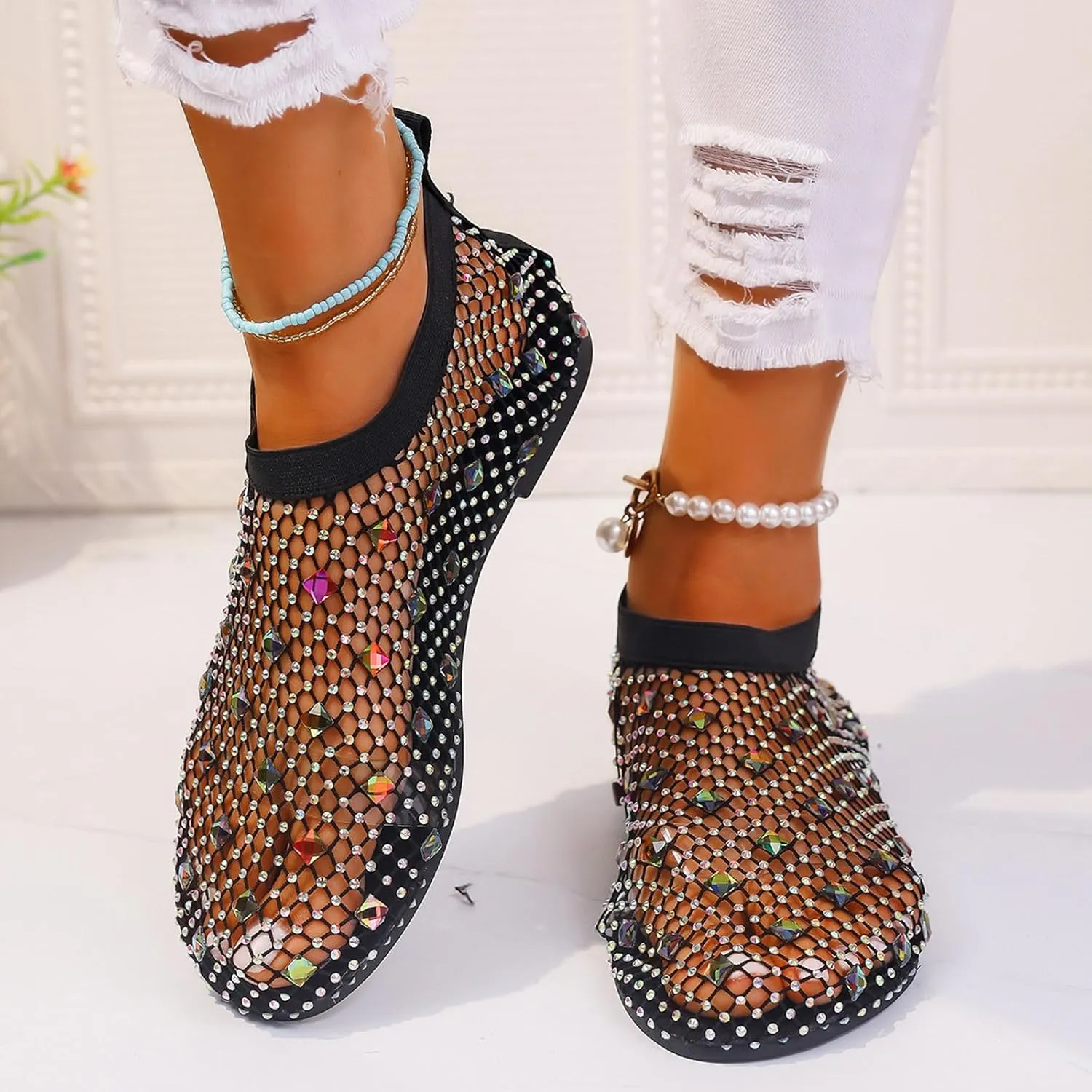 Mesh Flats for Women Comfortable Fishnet Summer Flats Slides Sandals Rhinestone Sandals for Women Dressy Boho Shoes Stiletto High Heel Casual Shoes Breathable