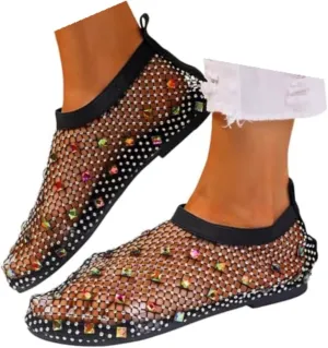 Mesh Flats for Women Comfortable Fishnet Summer Flats Slides Sandals Rhinestone Sandals for Women Dressy Boho Shoes Stiletto High Heel Casual Shoes Breathable