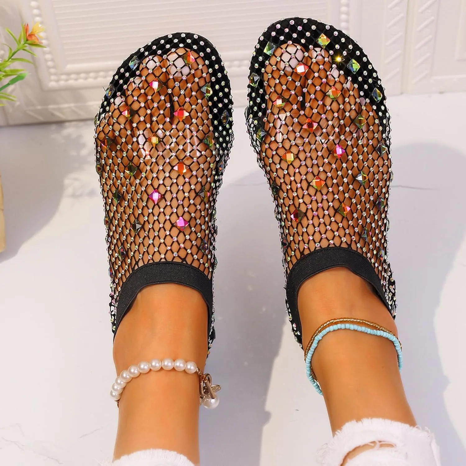 Mesh Flats for Women Comfortable Fishnet Summer Flats Slides Sandals Rhinestone Sandals for Women Dressy Boho Shoes Stiletto High Heel Casual Shoes Breathable