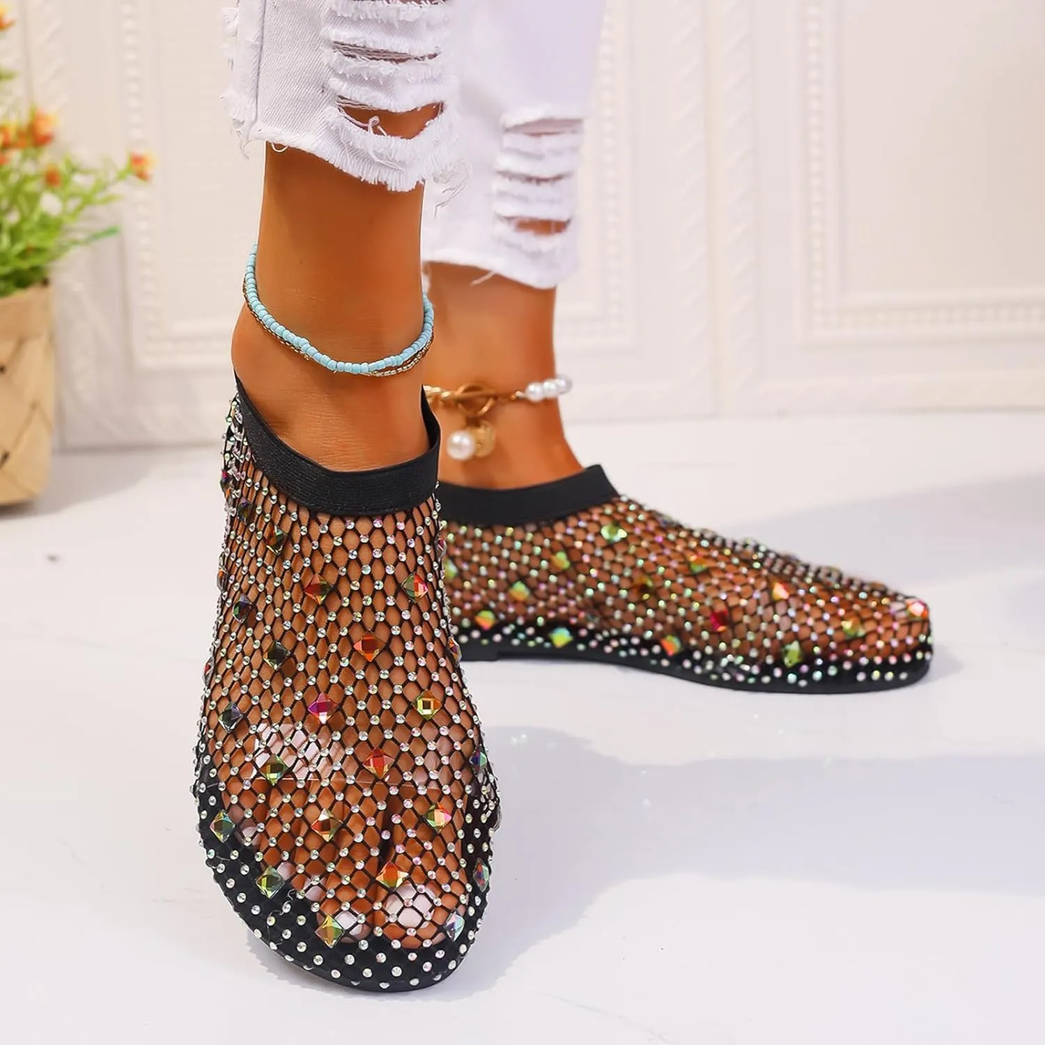 Mesh Flats for Women Comfortable Fishnet Summer Flats Slides Sandals Rhinestone Sandals for Women Dressy Boho Shoes Stiletto High Heel Casual Shoes Breathable