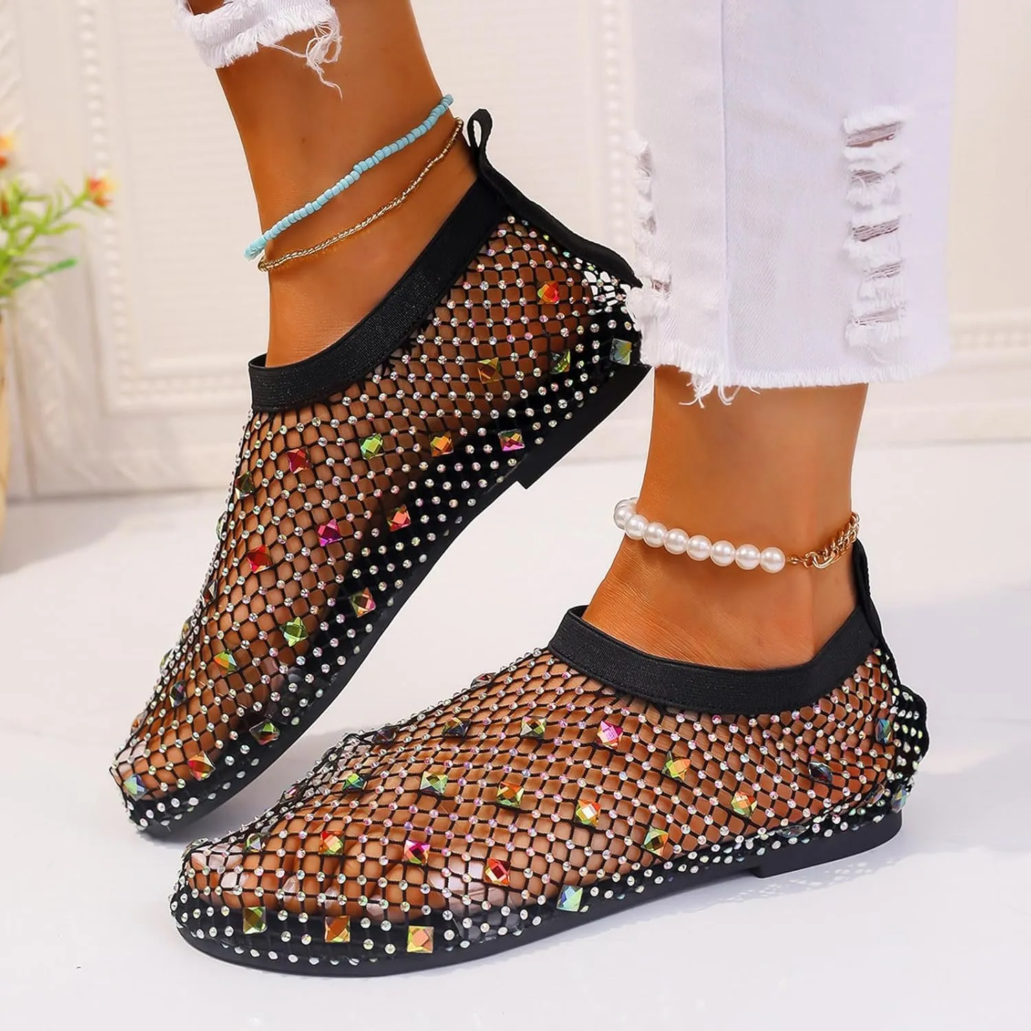 Mesh Flats for Women Comfortable Fishnet Summer Flats Slides Sandals Rhinestone Sandals for Women Dressy Boho Shoes Stiletto High Heel Casual Shoes Breathable