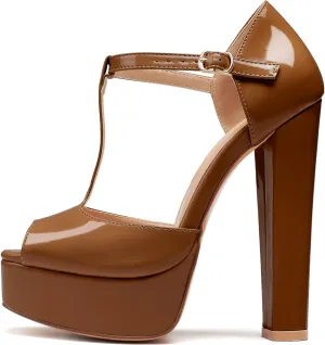 Mettesally Women's Platform Chunky High Heels T-strap Peep Toe Sandals Dress Fashion Office Shoes
