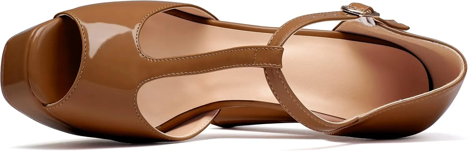 Mettesally Women's Platform Chunky High Heels T-strap Peep Toe Sandals Dress Fashion Office Shoes