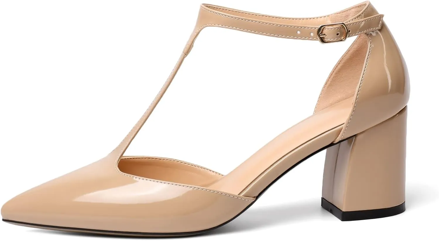 Mettesally Womens T-Strap Block Heels Pointed Toe Mid Chunky Heel Sandals Ankle Strap Party Office Pumps Shoes