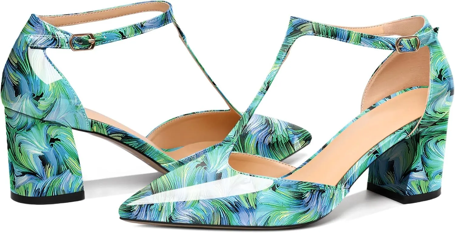 Mettesally Womens T-Strap Block Heels Pointed Toe Mid Chunky Heel Sandals Ankle Strap Party Office Pumps Shoes
