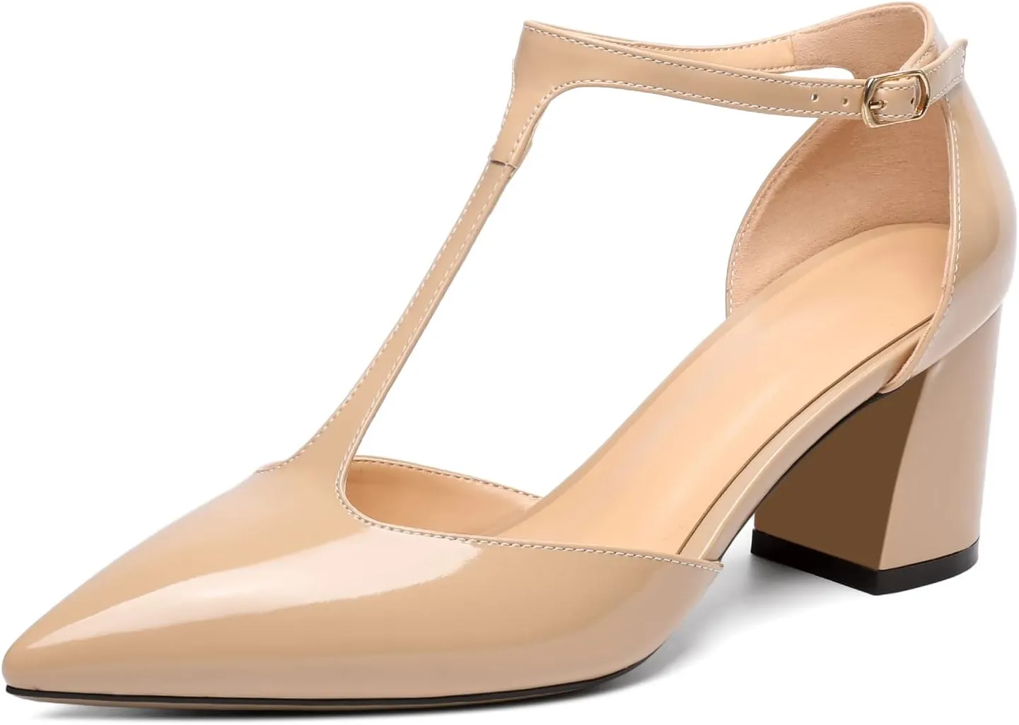 Mettesally Womens T-Strap Block Heels Pointed Toe Mid Chunky Heel Sandals Ankle Strap Party Office Pumps Shoes