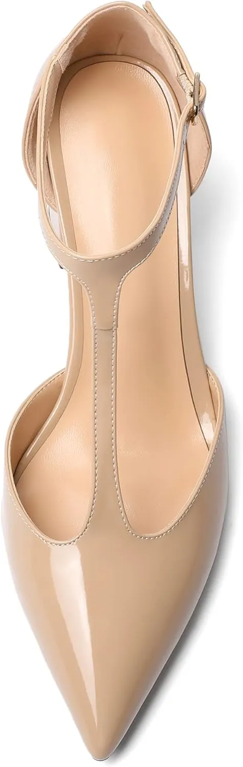 Mettesally Womens T-Strap Block Heels Pointed Toe Mid Chunky Heel Sandals Ankle Strap Party Office Pumps Shoes