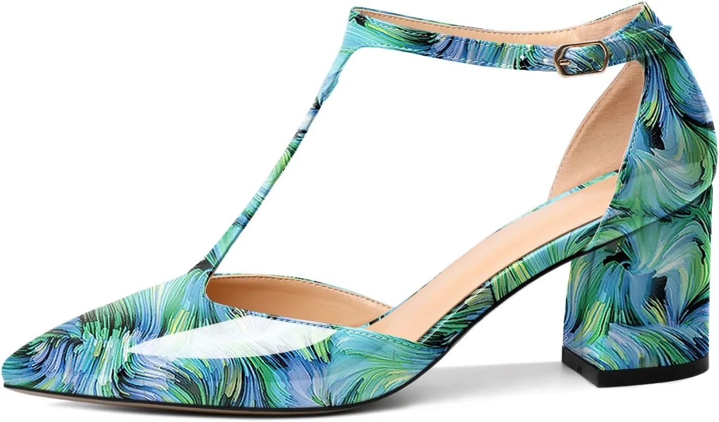 Mettesally Womens T-Strap Block Heels Pointed Toe Mid Chunky Heel Sandals Ankle Strap Party Office Pumps Shoes