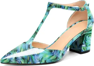 Mettesally Womens T-Strap Block Heels Pointed Toe Mid Chunky Heel Sandals Ankle Strap Party Office Pumps Shoes