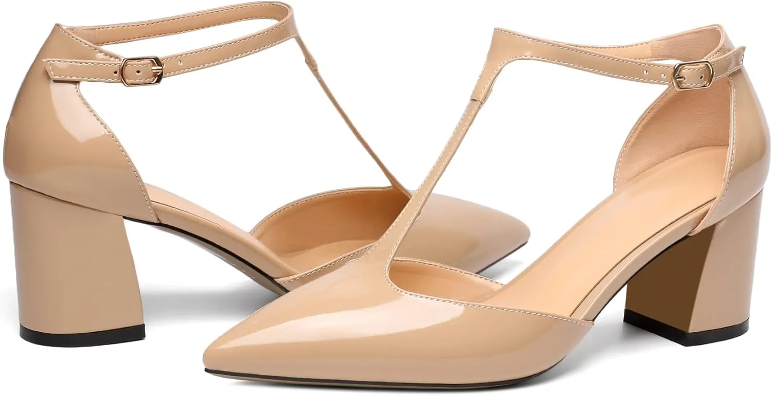 Mettesally Womens T-Strap Block Heels Pointed Toe Mid Chunky Heel Sandals Ankle Strap Party Office Pumps Shoes