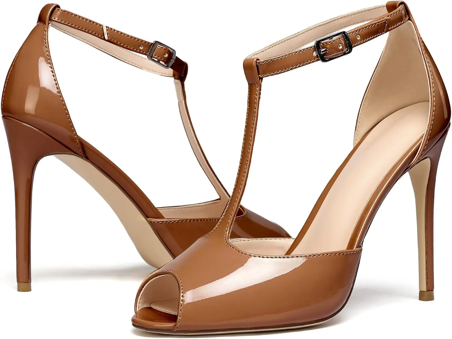 Mettesally Women's T-Strap High Heels Peep Toe Stiletto Heel Pumps Ankle Strap Sandals T-bar Party Dress Shoes