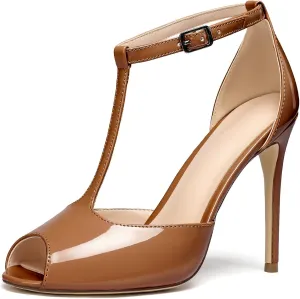 Mettesally Women's T-Strap High Heels Peep Toe Stiletto Heel Pumps Ankle Strap Sandals T-bar Party Dress Shoes