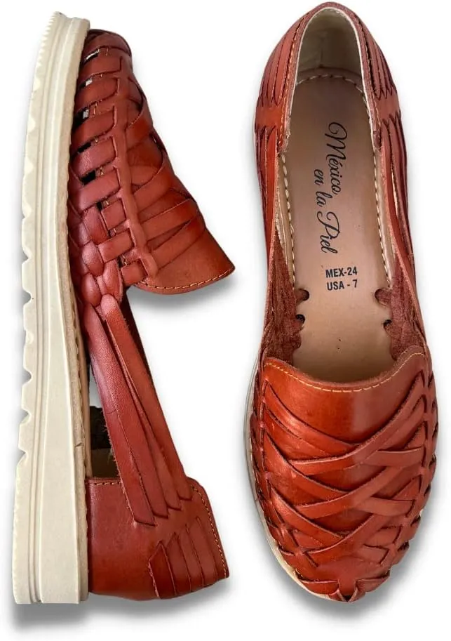 Mexico en la Piel Women's Handmade Leather Huarache Sandals – Genuine Leather, Closed Toe, Water-Resistant, Casual Slip-On Flats with Interlaced Straps – Available in Tan, Black, and Shedron