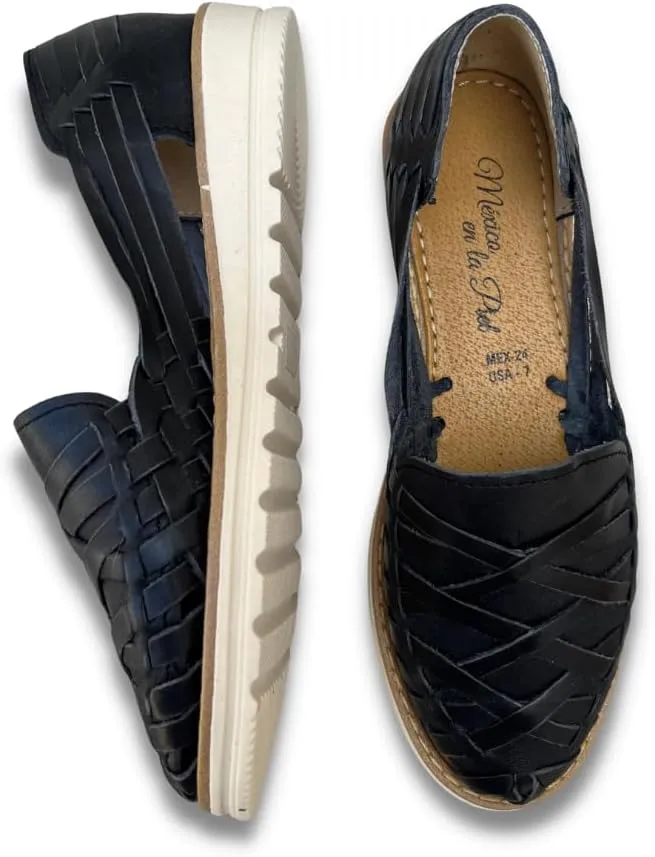 Mexico en la Piel Women's Handmade Leather Huarache Sandals – Genuine Leather, Closed Toe, Water-Resistant, Casual Slip-On Flats with Interlaced Straps – Available in Tan, Black, and Shedron