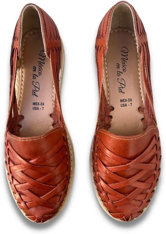 Mexico en la Piel Women's Handmade Leather Huarache Sandals – Genuine Leather, Closed Toe, Water-Resistant, Casual Slip-On Flats with Interlaced Straps – Available in Tan, Black, and Shedron