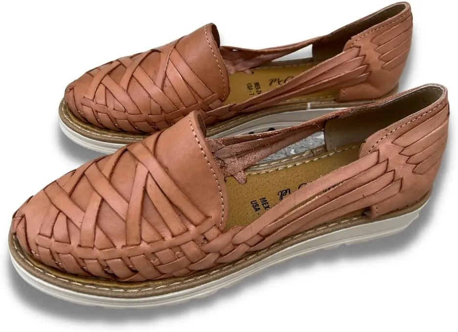 Mexico en la Piel Women's Handmade Leather Huarache Sandals – Genuine Leather, Closed Toe, Water-Resistant, Casual Slip-On Flats with Interlaced Straps – Available in Tan, Black, and Shedron