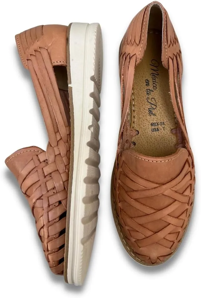 Mexico en la Piel Women's Handmade Leather Huarache Sandals – Genuine Leather, Closed Toe, Water-Resistant, Casual Slip-On Flats with Interlaced Straps – Available in Tan, Black, and Shedron