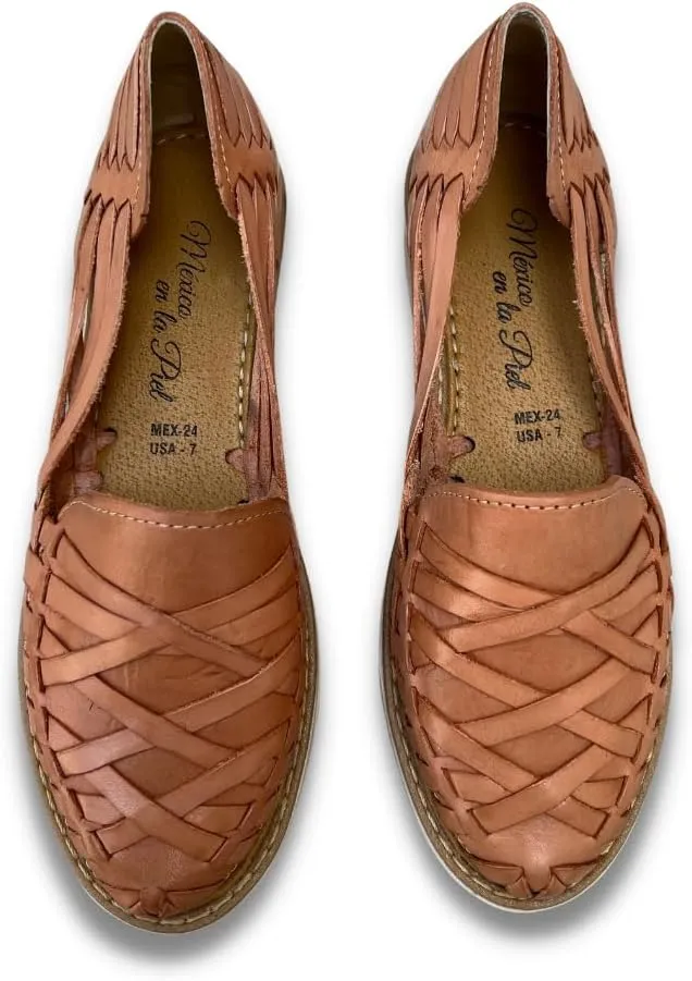 Mexico en la Piel Women's Handmade Leather Huarache Sandals – Genuine Leather, Closed Toe, Water-Resistant, Casual Slip-On Flats with Interlaced Straps – Available in Tan, Black, and Shedron