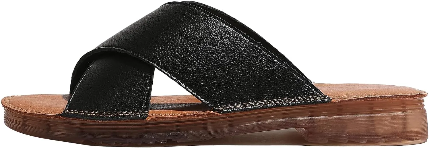 MGGMOKAY Women's Flat Sandals Fashion Slides With Soft Leather Slippers for Summer,Black,6