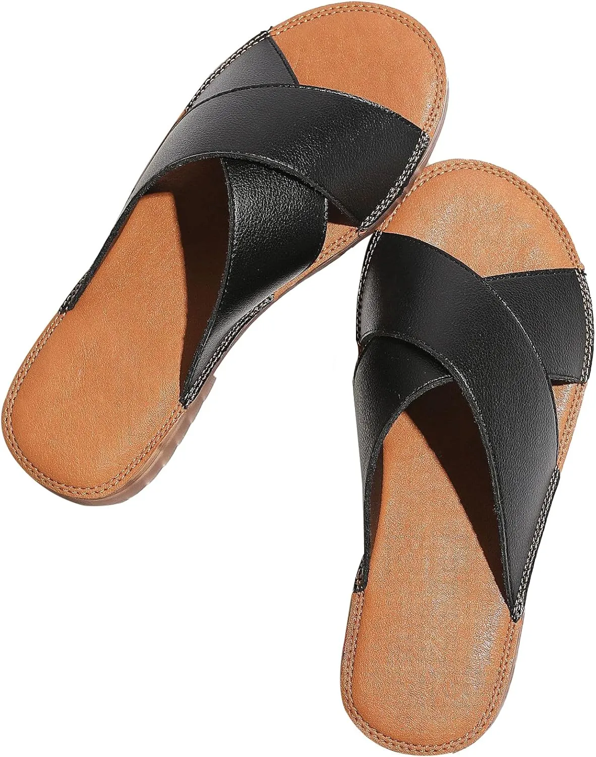 MGGMOKAY Women's Flat Sandals Fashion Slides With Soft Leather Slippers for Summer,Black,6
