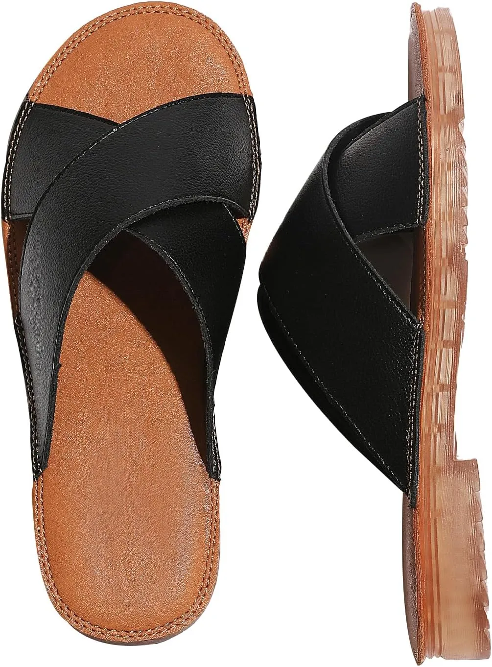 MGGMOKAY Women's Flat Sandals Fashion Slides With Soft Leather Slippers for Summer,Black,6