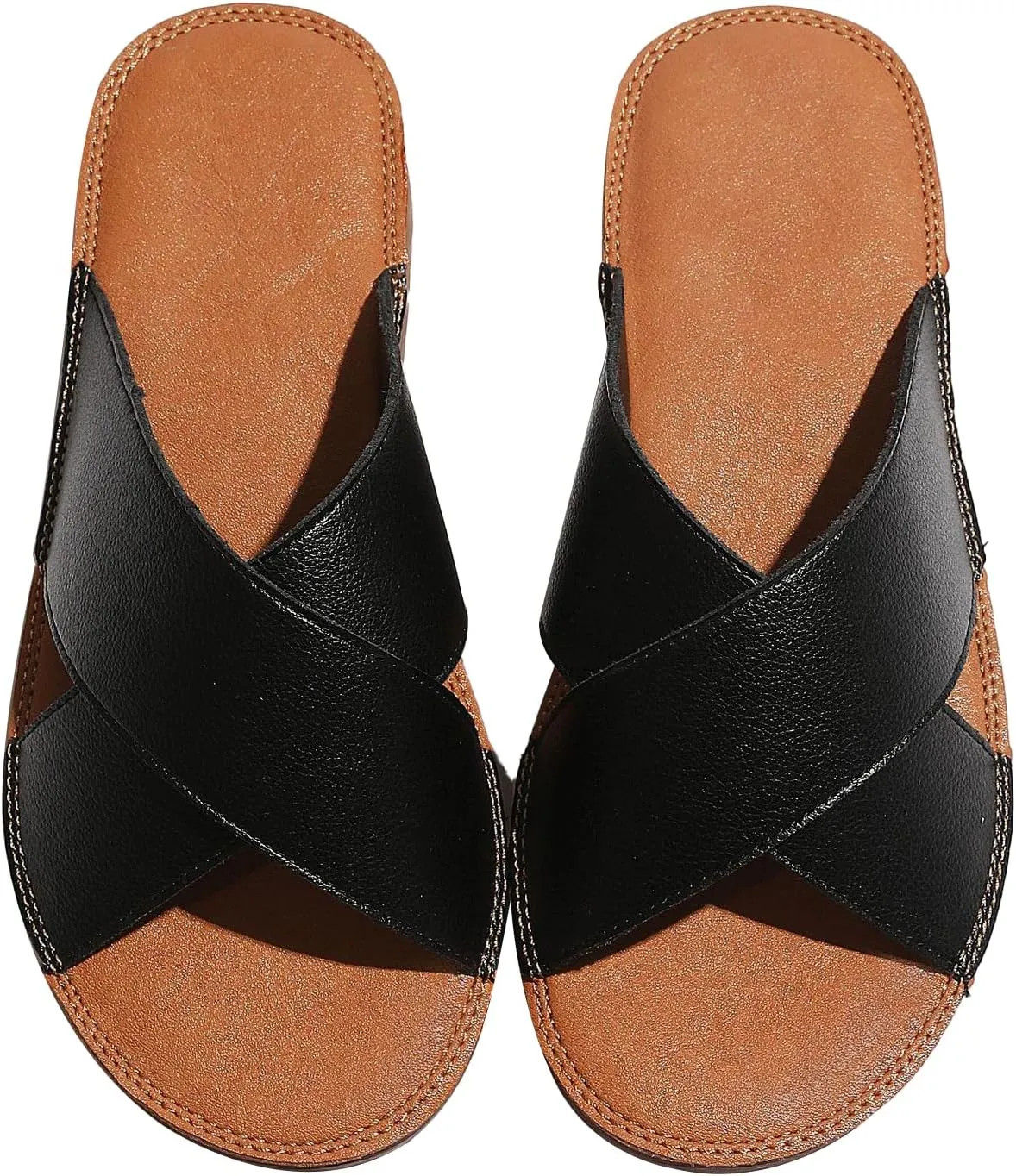 MGGMOKAY Women's Flat Sandals Fashion Slides With Soft Leather Slippers for Summer,Black,6