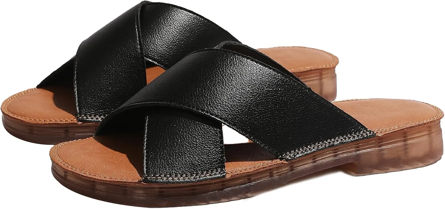 MGGMOKAY Women's Flat Sandals Fashion Slides With Soft Leather Slippers for Summer,Black,6