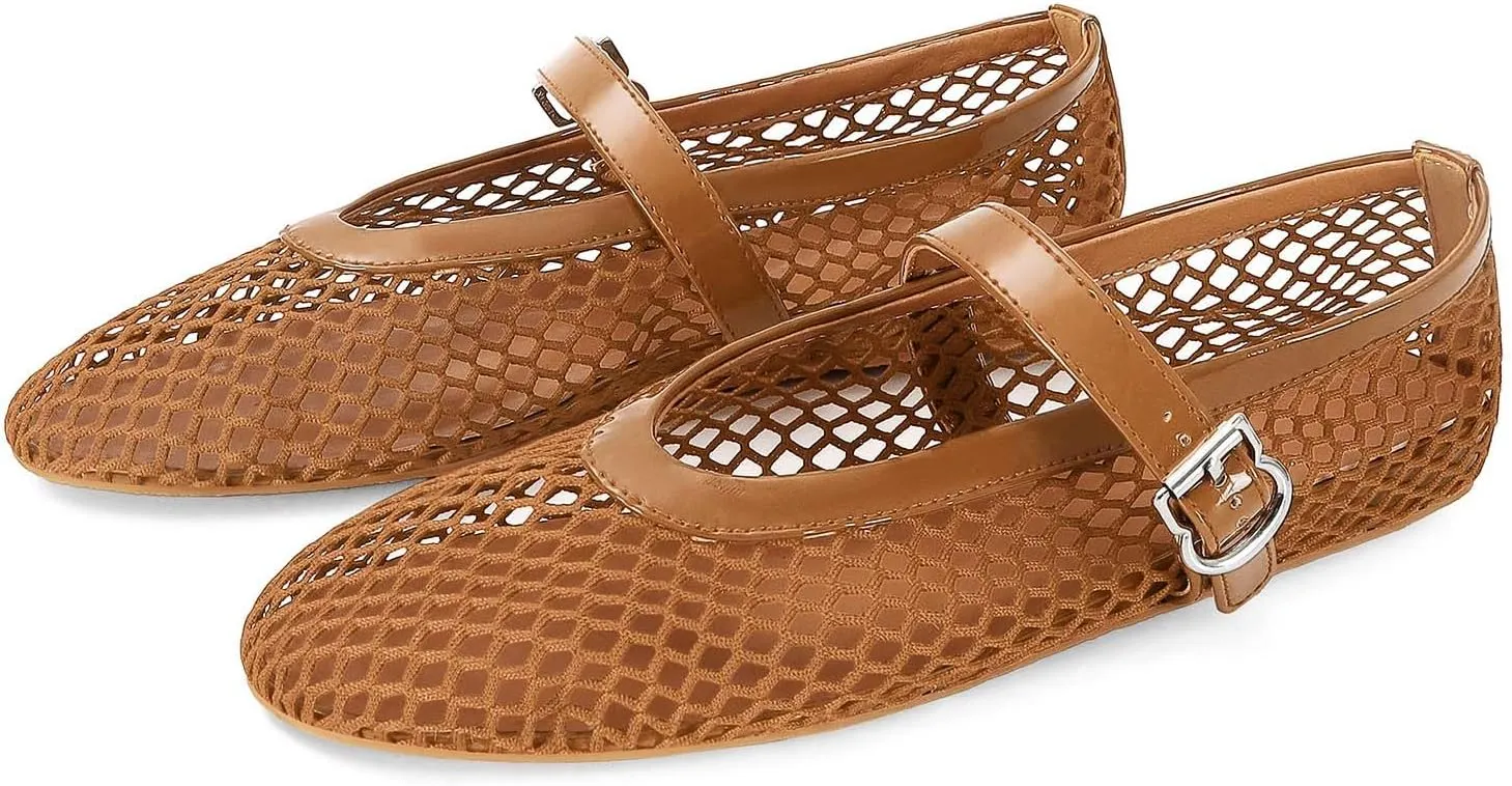 MICIFA Mesh Ballet Flats for Women, Fishnet Buckle Strap Ballerina Shoes Comfy Casual Office Flats Brown, 7.5