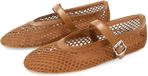 MICIFA Mesh Ballet Flats for Women, Fishnet Buckle Strap Ballerina Shoes Comfy Casual Office Flats Brown, 7.5