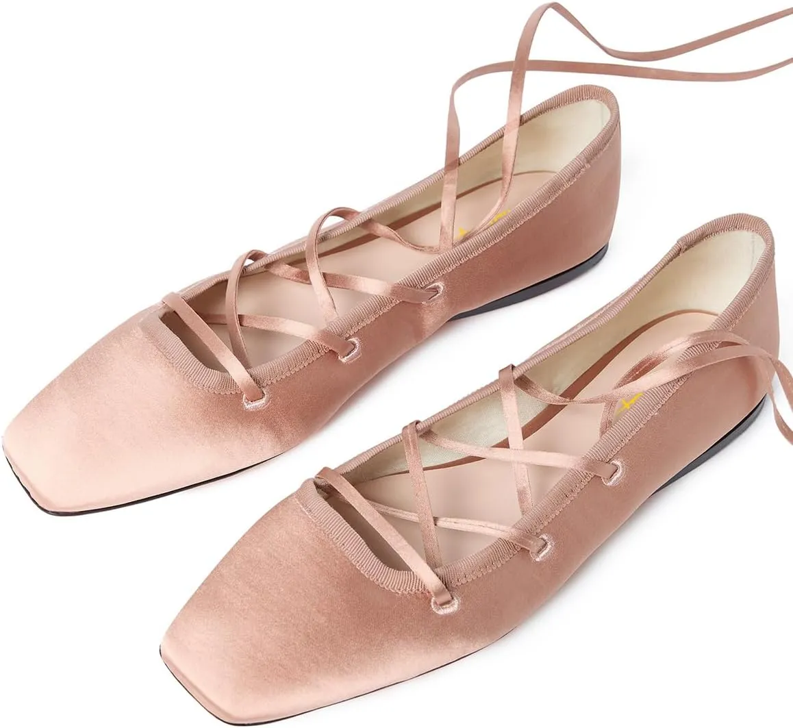 Milooey shoes Women's Square Toe Strappy Ballet Flats Comfort Lace Up Flats Shoes for Party Prom Dress Daily Size 4-16 US