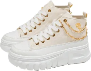 Minimalist Y2K Platform Sneakers Canvas Height Boost Board Shoes for Casual Streetwear Vacation Outfits with Silver Detachable Chain Unique Trendy Style