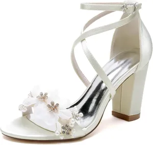 Minishion Womens Chunky Heel Wedding Shoes with Flower Ankle Strap Formal Party Sandals MS290