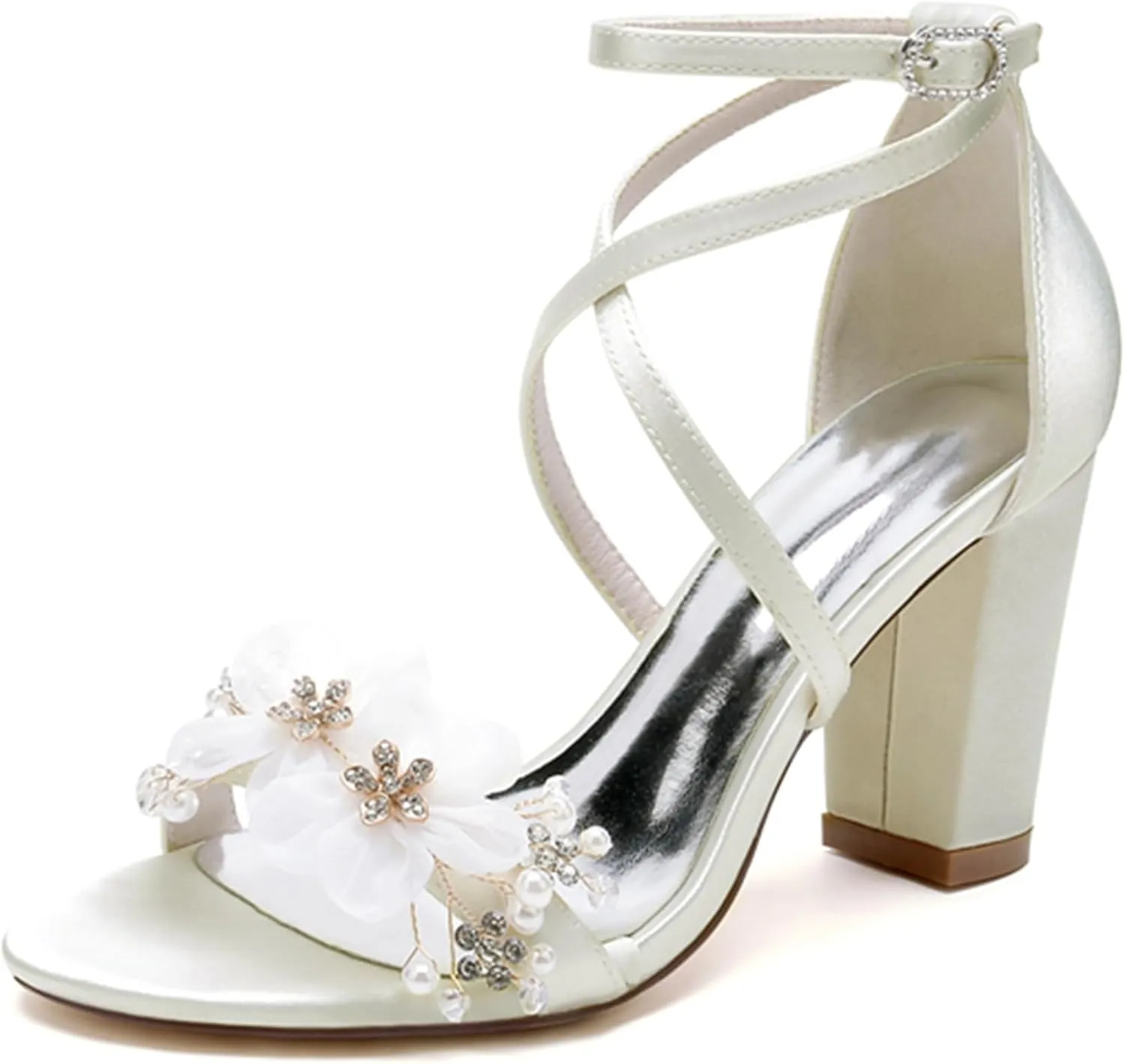 Minishion Womens Chunky Heel Wedding Shoes with Flower Ankle Strap Formal Party Sandals MS290