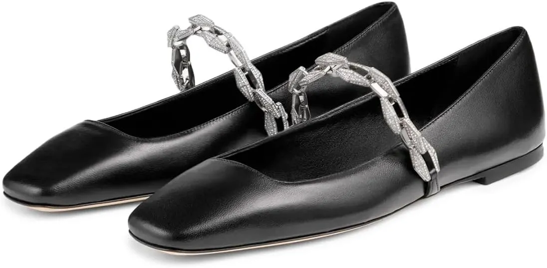 miss left Women Comfy Chain Strap Mary Janes Shoes Slip On Closed Square Toe Ballet Flats for Walking School Dressy Size 4-16 US