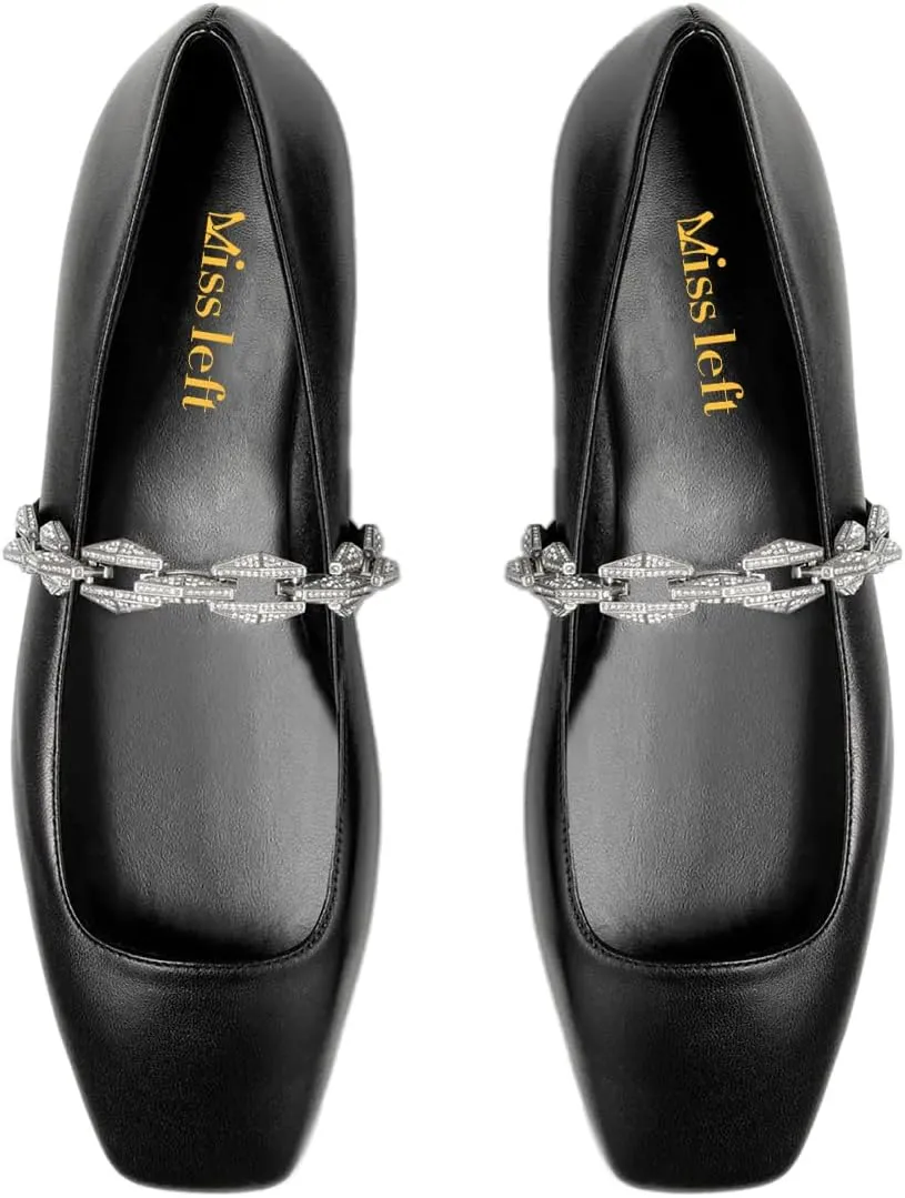 miss left Women Comfy Chain Strap Mary Janes Shoes Slip On Closed Square Toe Ballet Flats for Walking School Dressy Size 4-16 US